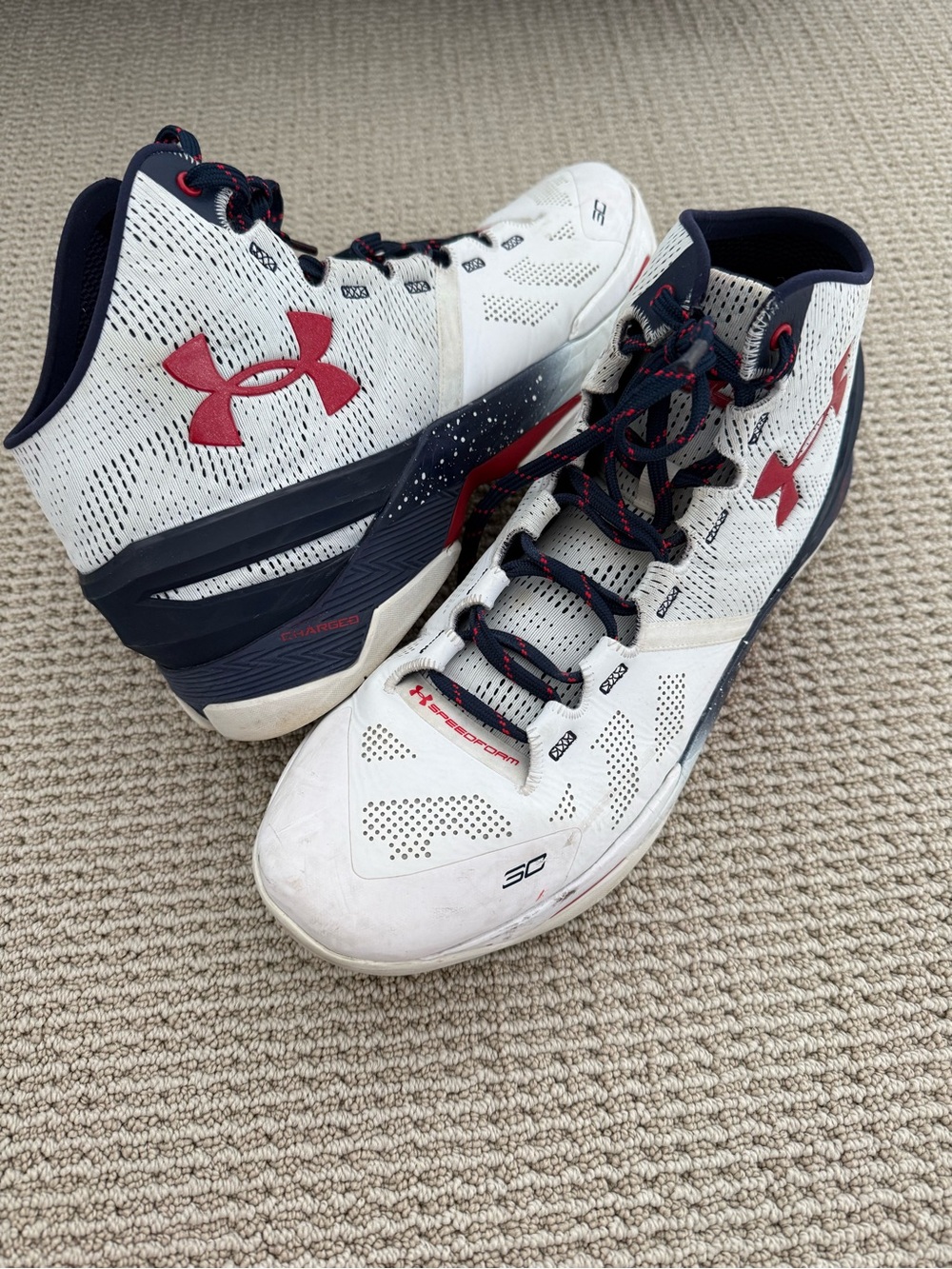 Under Armour White & Navy High-Top Basketball Sneakers with Red Logo